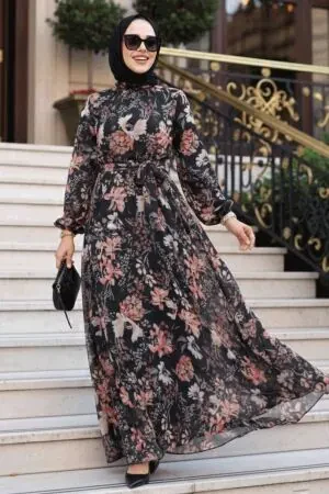 Çiçek Desenli Siyah Tesettür Elbise 27968S - 1