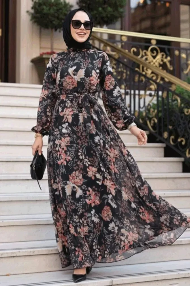 Çiçek Desenli Siyah Tesettür Elbise 27968S - 1