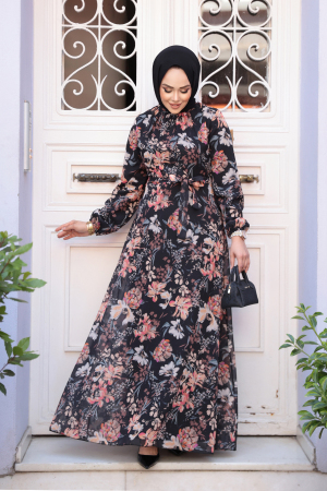 Çiçek Desenli Siyah Tesettür Elbise 27968S - 1