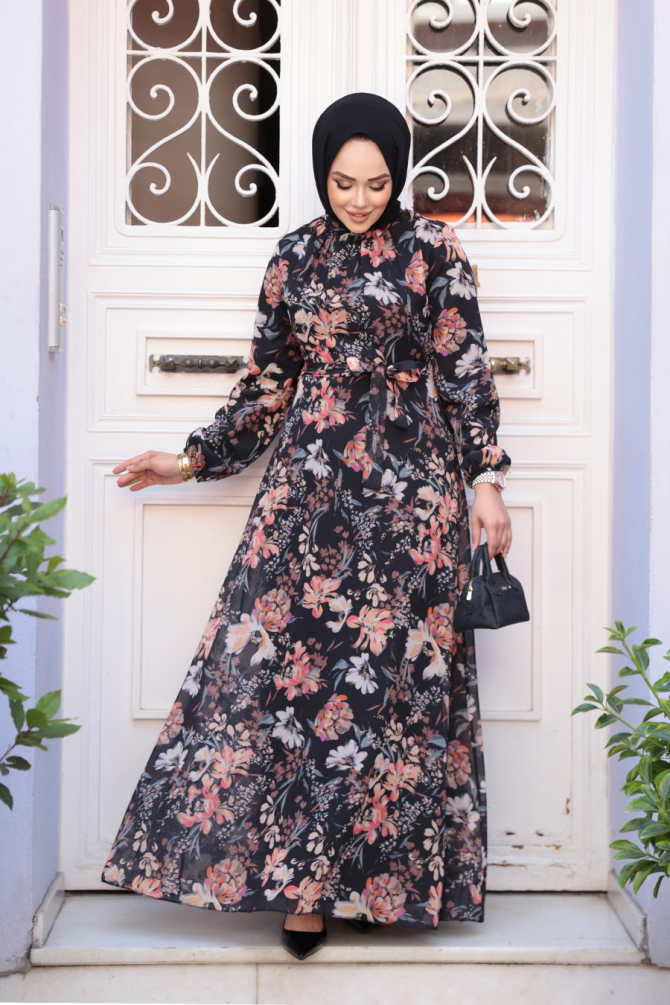 Çiçek Desenli Siyah Tesettür Elbise 27968S - 1