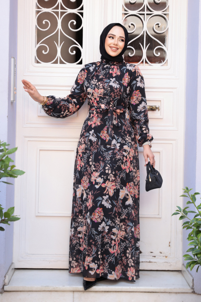 Çiçek Desenli Siyah Tesettür Elbise 27968S - 2