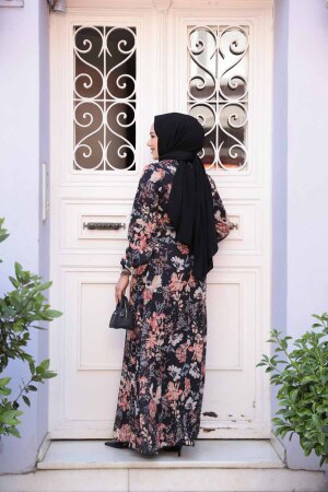 Çiçek Desenli Siyah Tesettür Elbise 27968S - 3