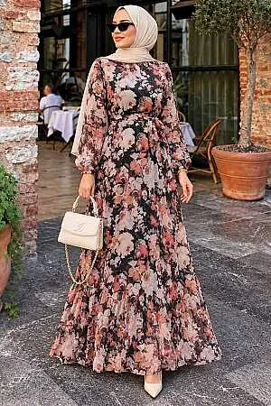 Çiçek Desenli Siyah Tesettür Elbise 27970S - 1