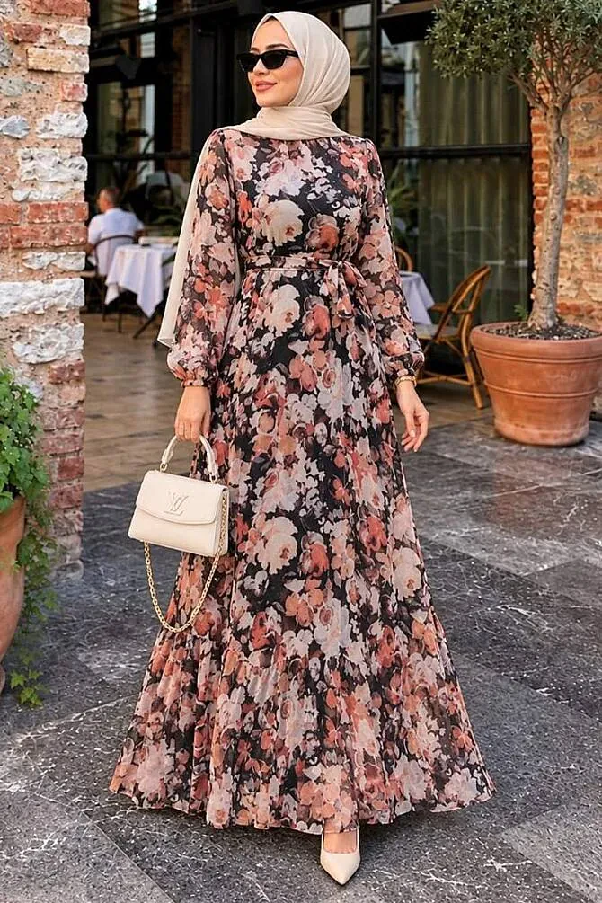 Çiçek Desenli Siyah Tesettür Elbise 27970S - 1