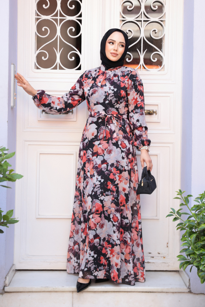 Çiçek Desenli Siyah Tesettür Elbise 27970S - 3