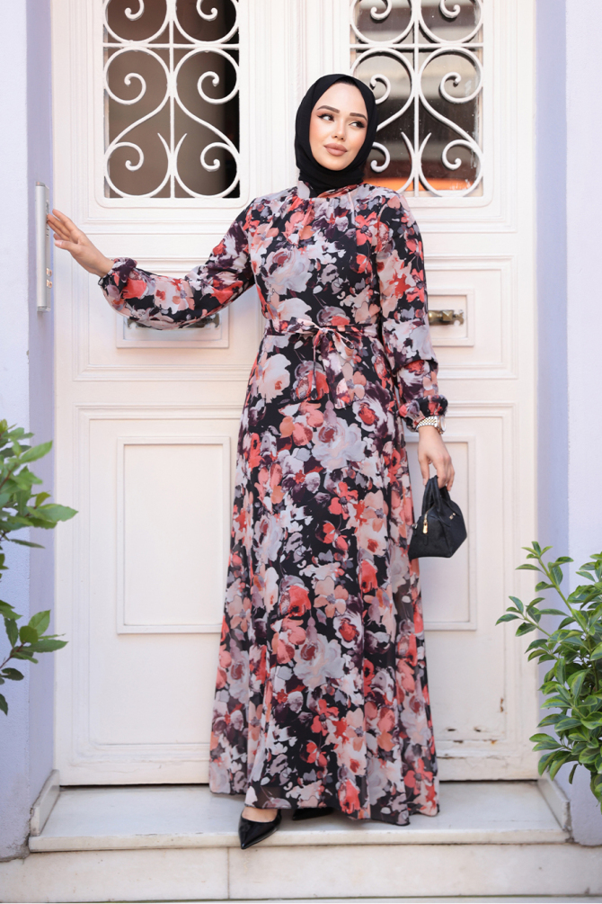 Çiçek Desenli Siyah Tesettür Elbise 27970S - 1