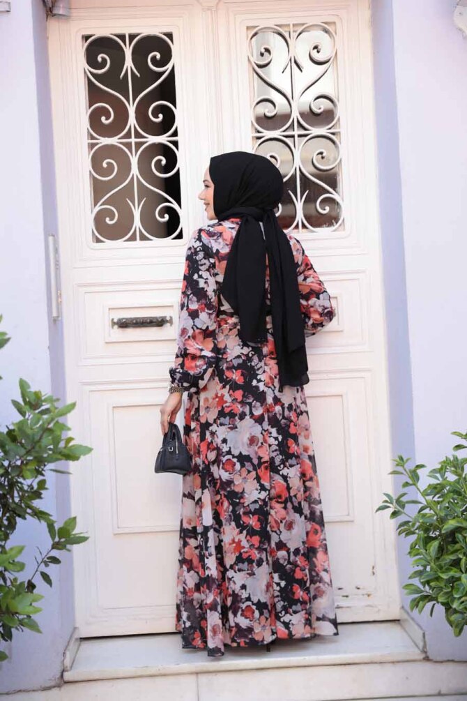 Çiçek Desenli Siyah Tesettür Elbise 27970S - 4