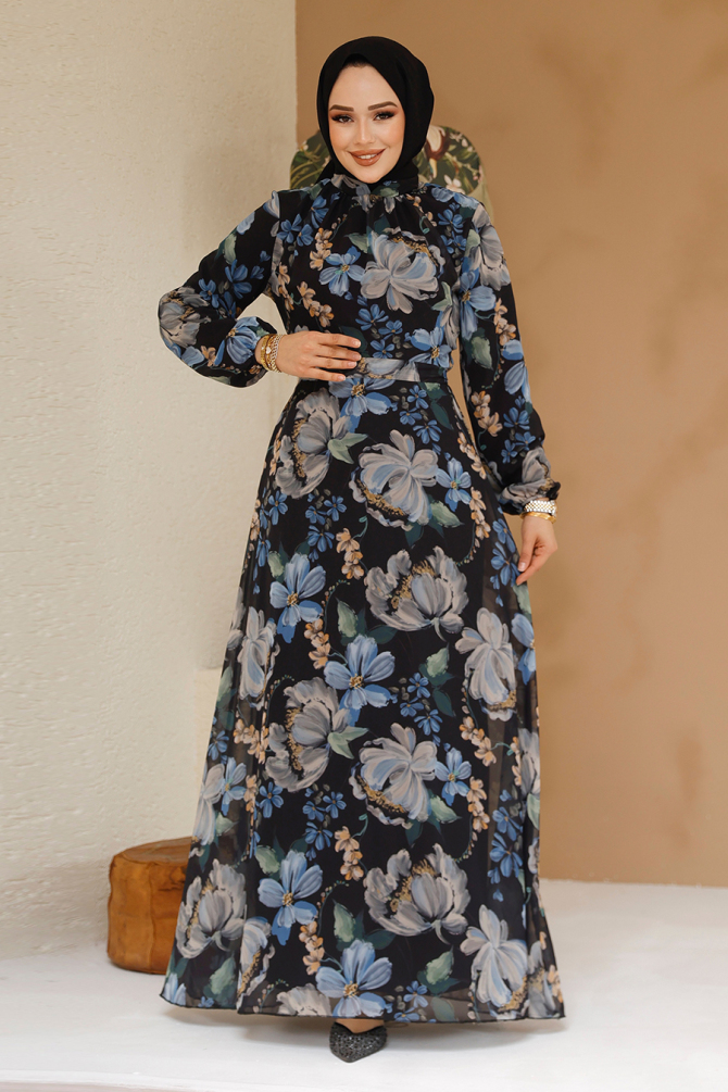 Çiçek Desenli Siyah Tesettür Elbise 27971S - 2