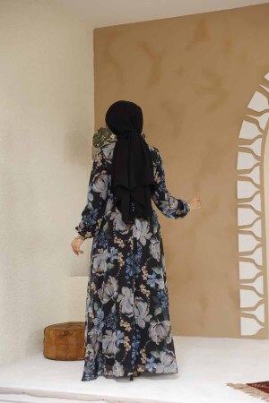 Çiçek Desenli Siyah Tesettür Elbise 27971S - 4