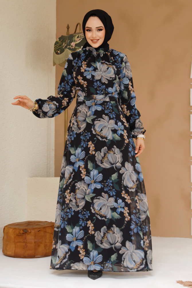 Çiçek Desenli Siyah Tesettür Elbise 27971S - 3