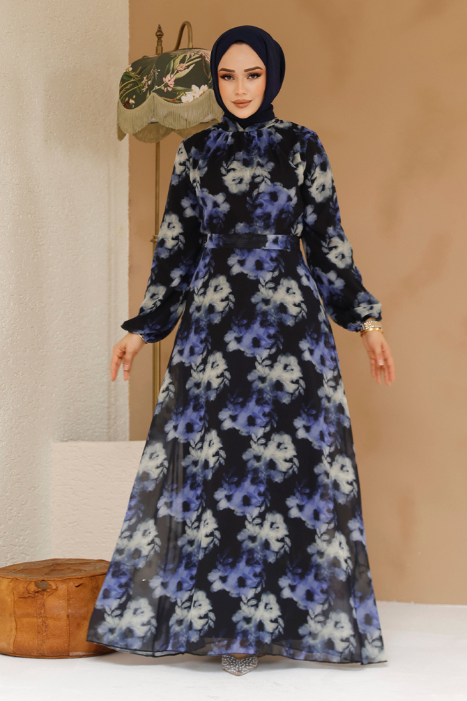 Çiçek Desenli Siyah Tesettür Elbise 27982S - 3