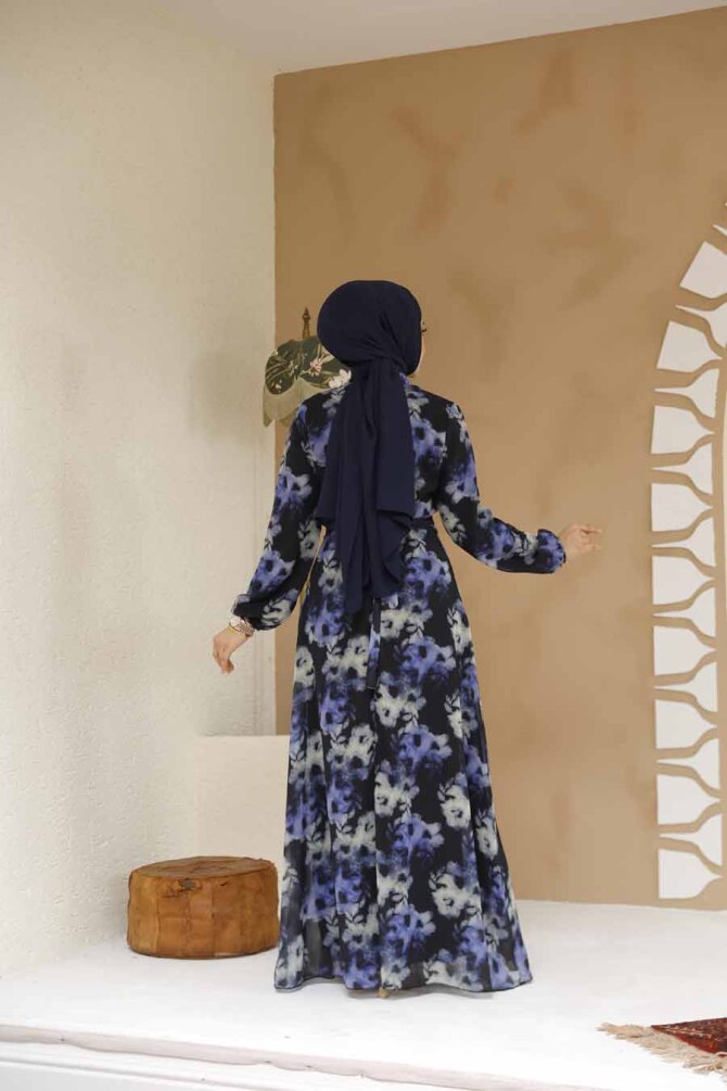 Çiçek Desenli Siyah Tesettür Elbise 27982S - 4