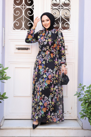Çiçek Desenli Siyah Tesettür Elbise 279902S - 1
