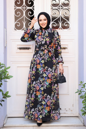 Çiçek Desenli Siyah Tesettür Elbise 279902S - 2