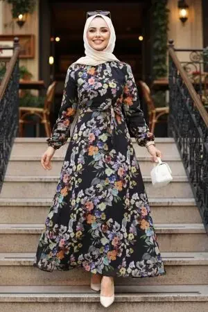 Çiçek Desenli Siyah Tesettür Elbise 279902S 
