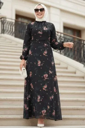 Çiçek Desenli Siyah Tesettür Elbise 279908S - 1