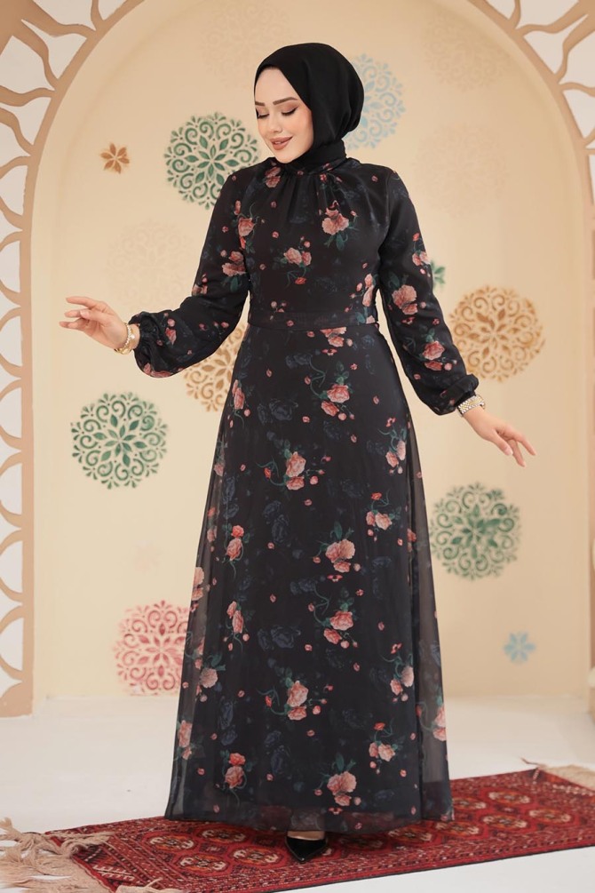 Çiçek Desenli Siyah Tesettür Elbise 279908S - 1