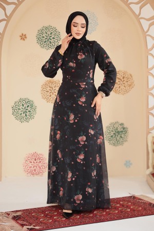 Çiçek Desenli Siyah Tesettür Elbise 279908S - 2