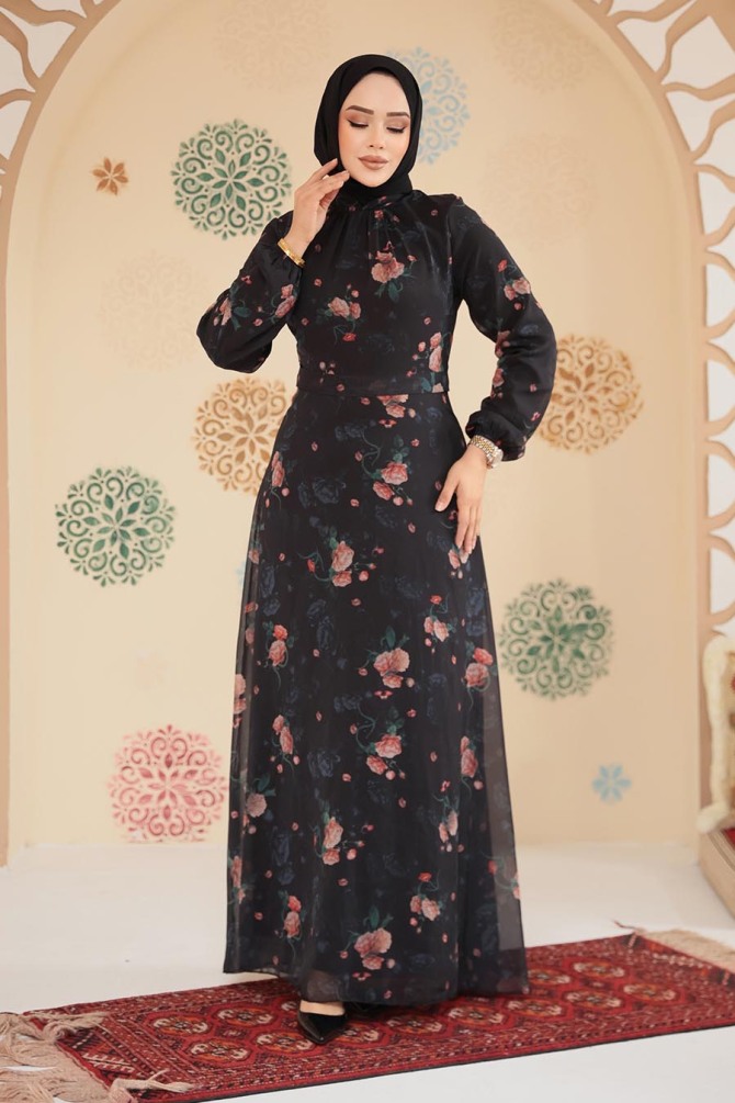 Çiçek Desenli Siyah Tesettür Elbise 279908S - 2