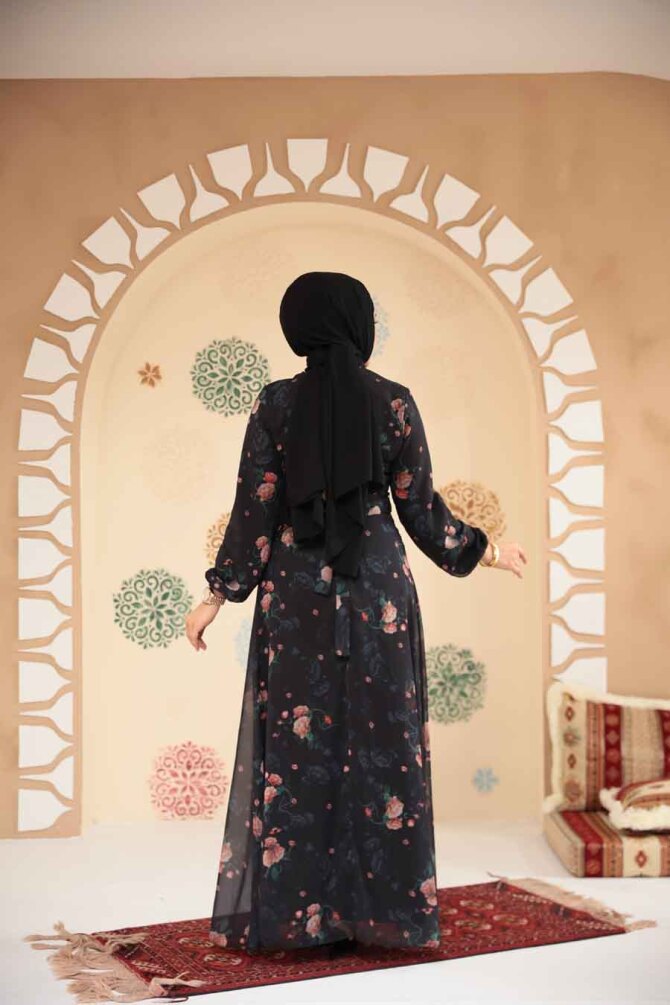 Çiçek Desenli Siyah Tesettür Elbise 279908S - 3