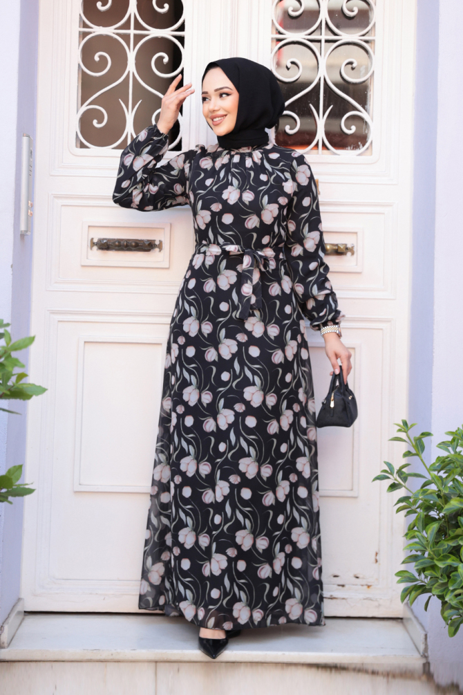Çiçek Desenli Siyah Tesettür Elbise 279909S - 2