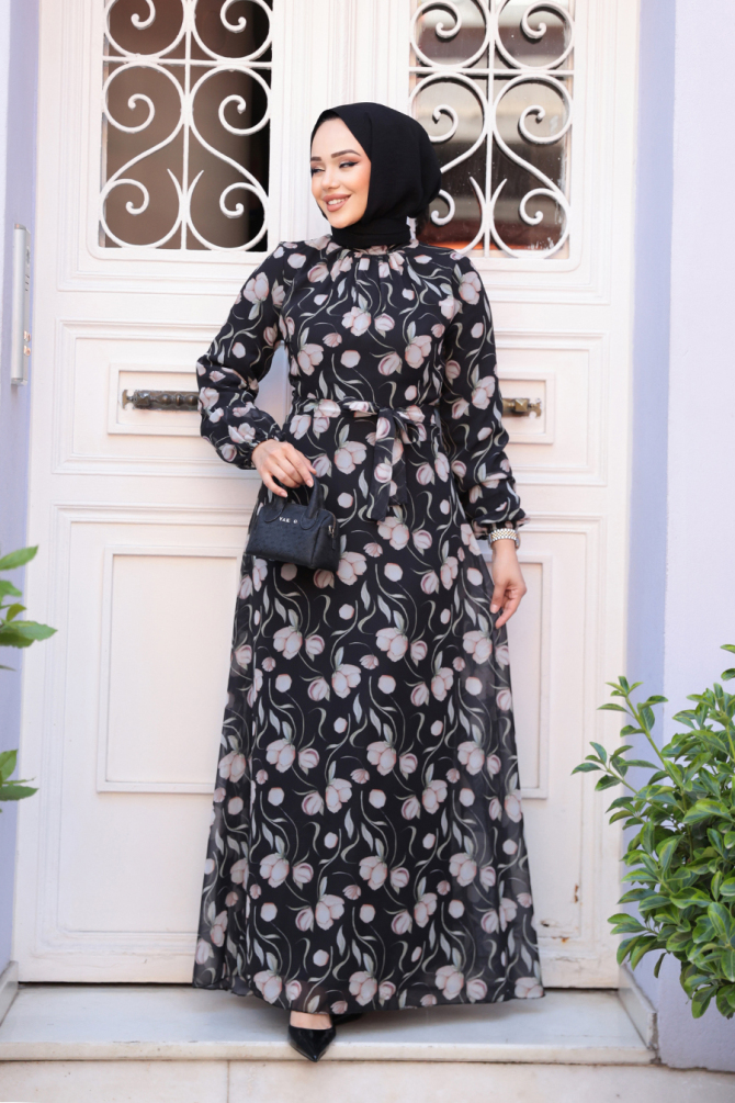 Çiçek Desenli Siyah Tesettür Elbise 279909S - 1