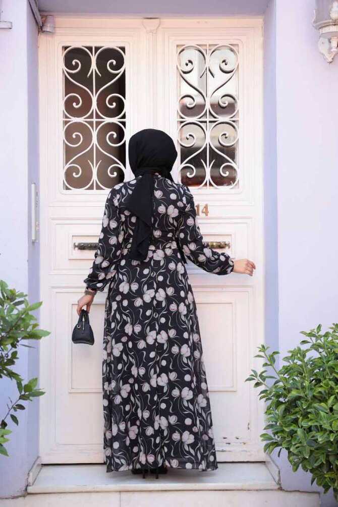 Çiçek Desenli Siyah Tesettür Elbise 279909S - 3