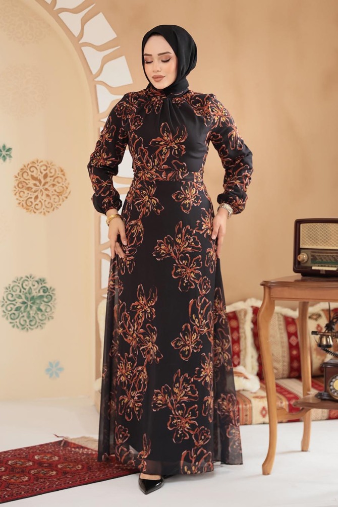 Çiçek Desenli Siyah Tesettür Elbise 279911S - 2