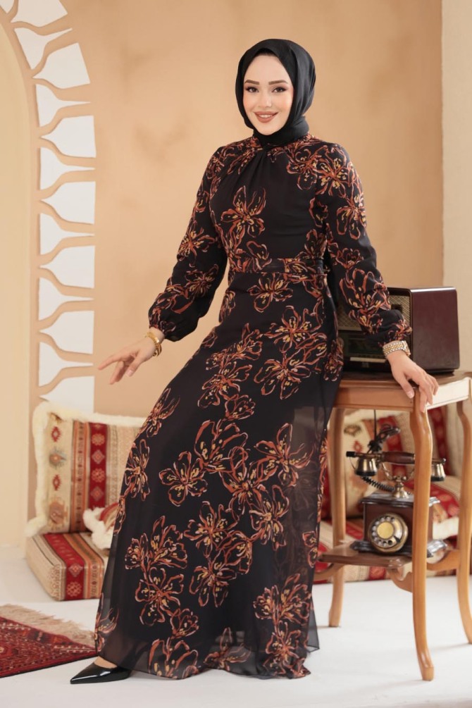 Çiçek Desenli Siyah Tesettür Elbise 279911S - 1