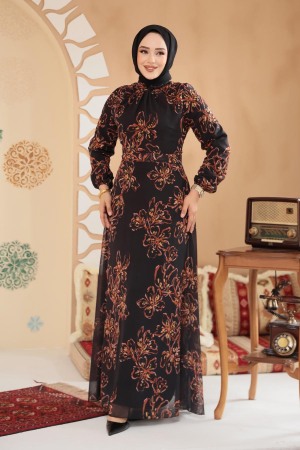 Çiçek Desenli Siyah Tesettür Elbise 279911S - 3