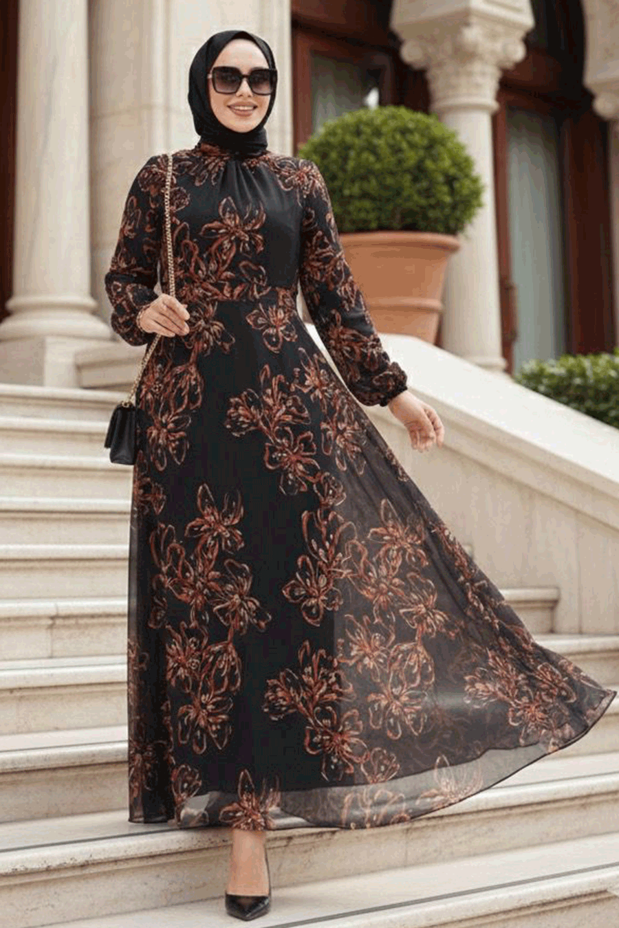 Çiçek Desenli Siyah Tesettür Elbise 279911S