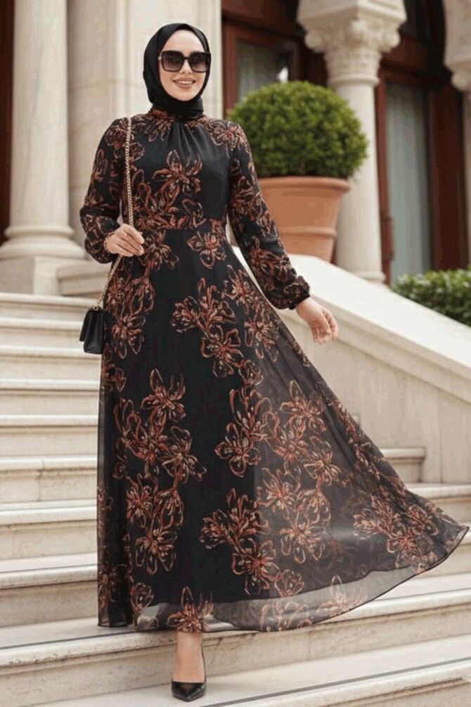 Çiçek Desenli Siyah Tesettür Elbise 279911S - 1