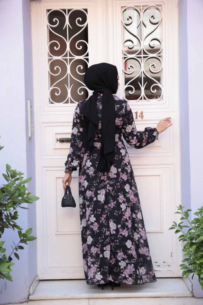 Çiçek Desenli Siyah Tesettür Elbise 279912S - 3