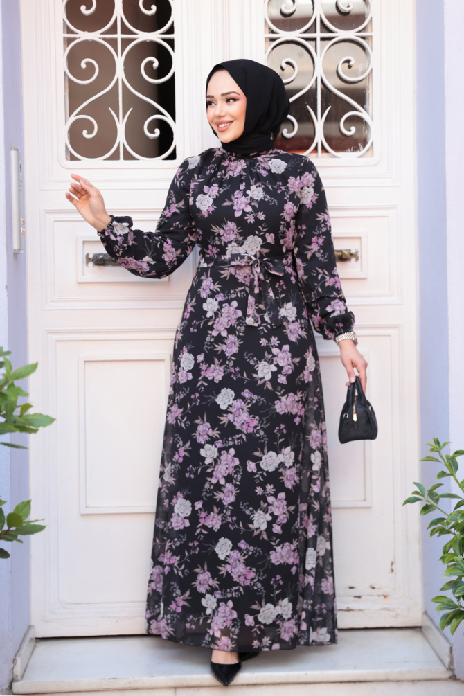 Çiçek Desenli Siyah Tesettür Elbise 279912S - 1
