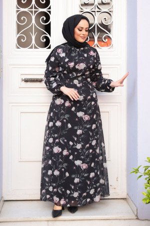 Çiçek Desenli Siyah Tesettür Elbise 279921S - 2
