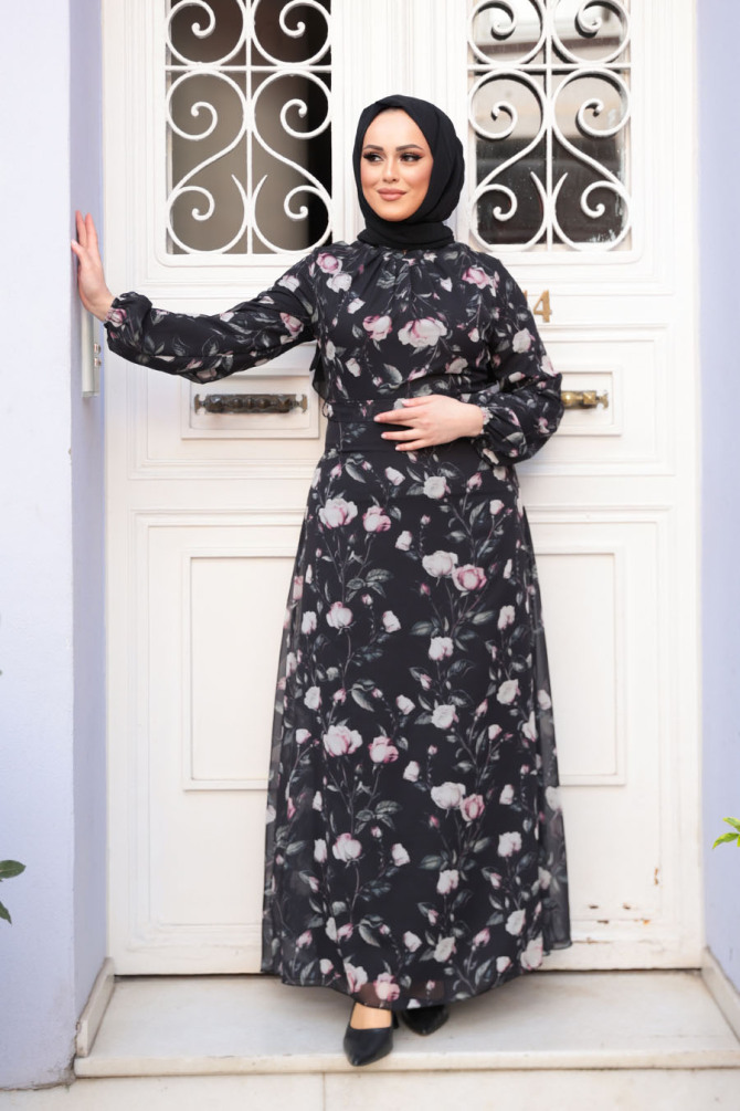 Çiçek Desenli Siyah Tesettür Elbise 279921S - 3