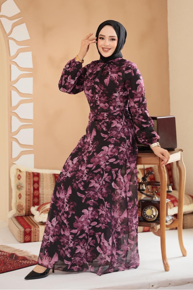 Çiçek Desenli Siyah Tesettür Elbise 27999S - 1