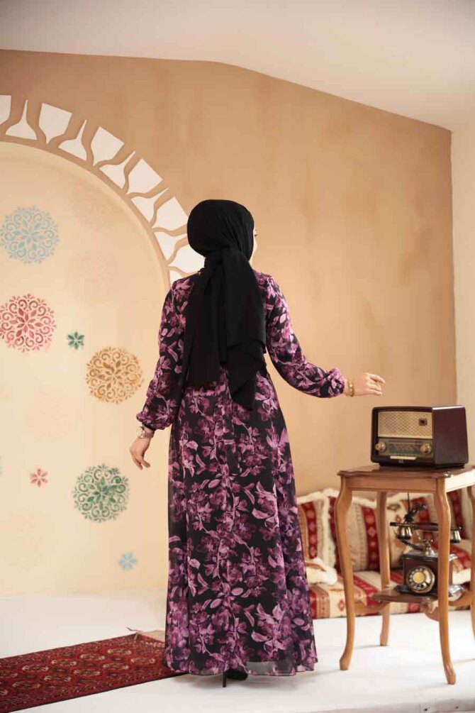 Çiçek Desenli Siyah Tesettür Elbise 27999S - 4