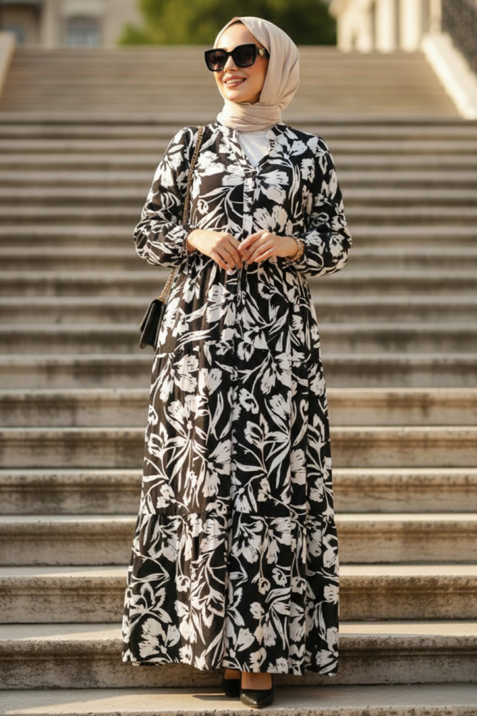 Çiçek Desenli Siyah Tesettür Elbise 30131S - N.S NEVA STYLE