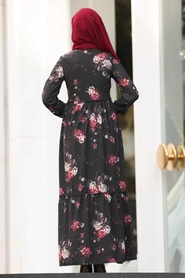 Çiçek Desenli Siyah Tesettür Elbise 31910S - Thumbnail