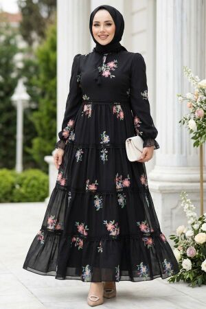 Çiçek Desenli Siyah Tesettür Elbise 32815S - NEVA STYLE