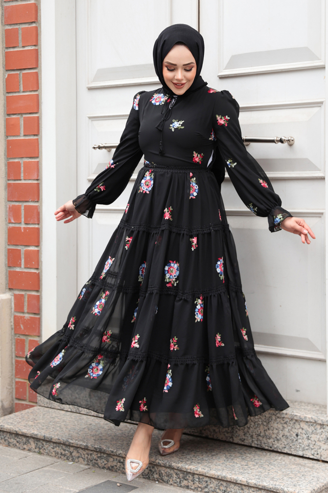 Çiçek Desenli Siyah Tesettür Elbise 32816S - 1