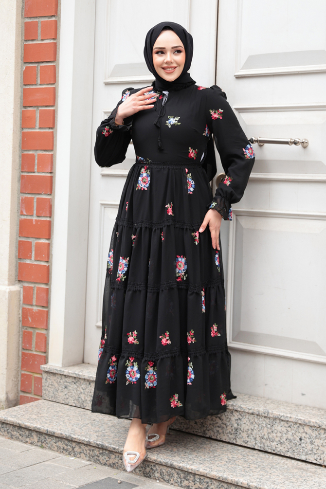 Çiçek Desenli Siyah Tesettür Elbise 32816S - 3