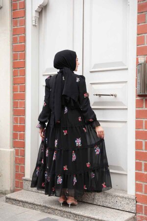 Çiçek Desenli Siyah Tesettür Elbise 32816S - 4
