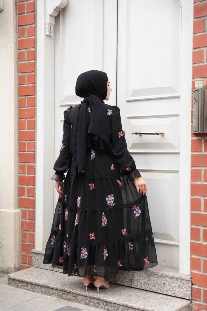 Çiçek Desenli Siyah Tesettür Elbise 32816S - 4