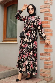 Çiçek Desenli Siyah Tesettür Elbise 35011S - Thumbnail