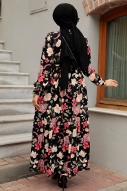 Çiçek Desenli Siyah Tesettür Elbise 35011S - Thumbnail