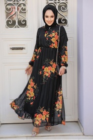 Çiçek Desenli Siyah Tesettür Elbise 503501S - Thumbnail