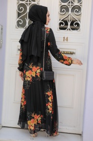 Çiçek Desenli Siyah Tesettür Elbise 503501S - Thumbnail