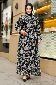Çiçek Desenli Siyah Tesettür Elbise 50352S - Thumbnail